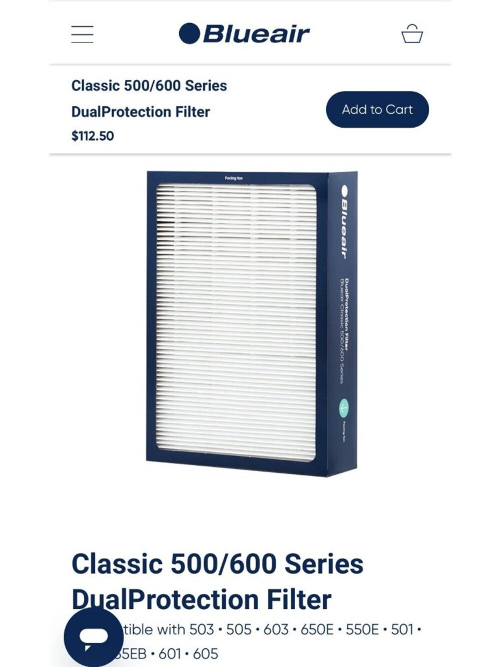 Genuine BlueAir 500 / 600 Dual Protection Filter Classic Series Carbon